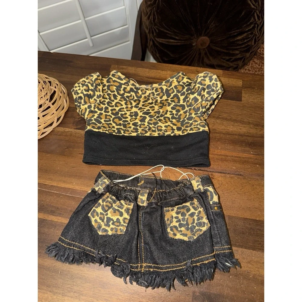 Build A Bear Leopard Cheetah Print Rhinestone‎ Denim Skirt Shirt Outfit y2k